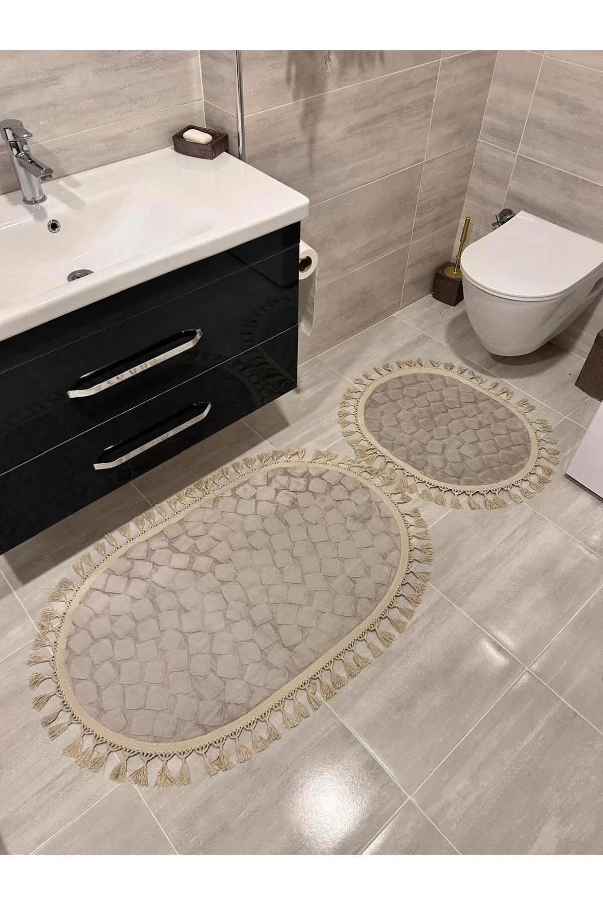 2Lİ İKİLİ BANYO PASPAS SETİ ILICA PUFFY DOKUMA TABAN BANYO PASPASI 40X60-60X100 KREM