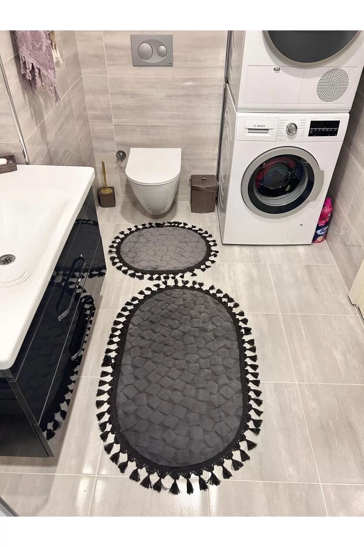 2Lİ İKİLİ BANYO PASPAS SETİ ILICA PUFFY DOKUMA TABAN BANYO PASPASI 40X60-60X100 ANTRASİT