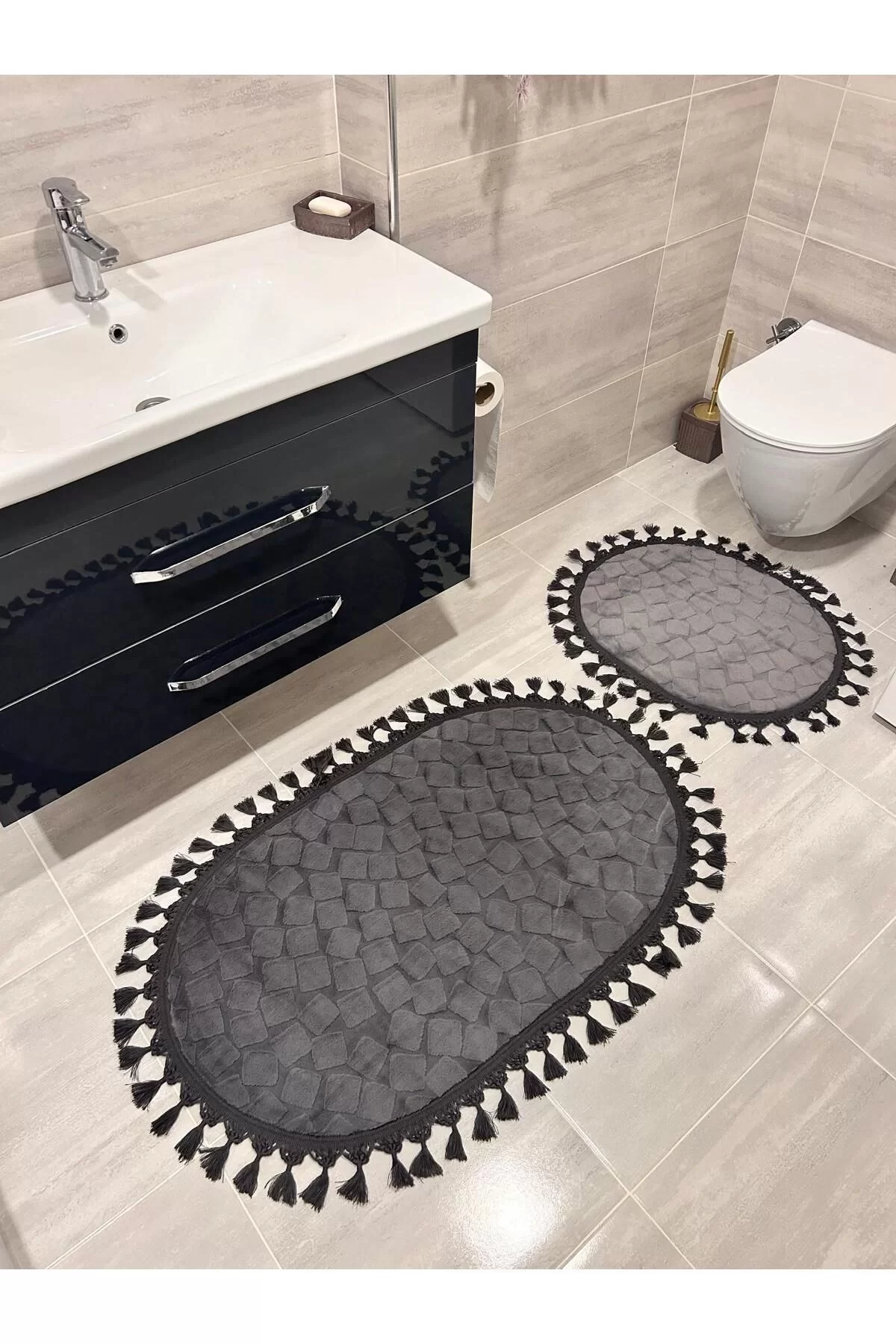 2Lİ İKİLİ BANYO PASPAS SETİ ILICA PUFFY DOKUMA TABAN BANYO PASPASI 40X60-60X100 ANTRASİT