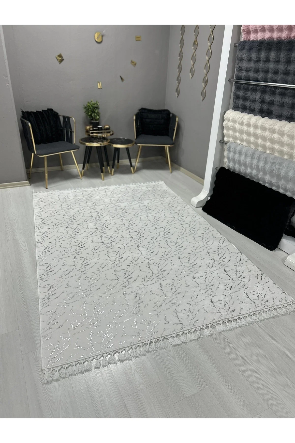 Bambu Yıkanabilir Kaymaz Oturma Odası Salon Mutfak Antre Çocuk Odası Halısı Beyaz Gümüş Simli Bambu