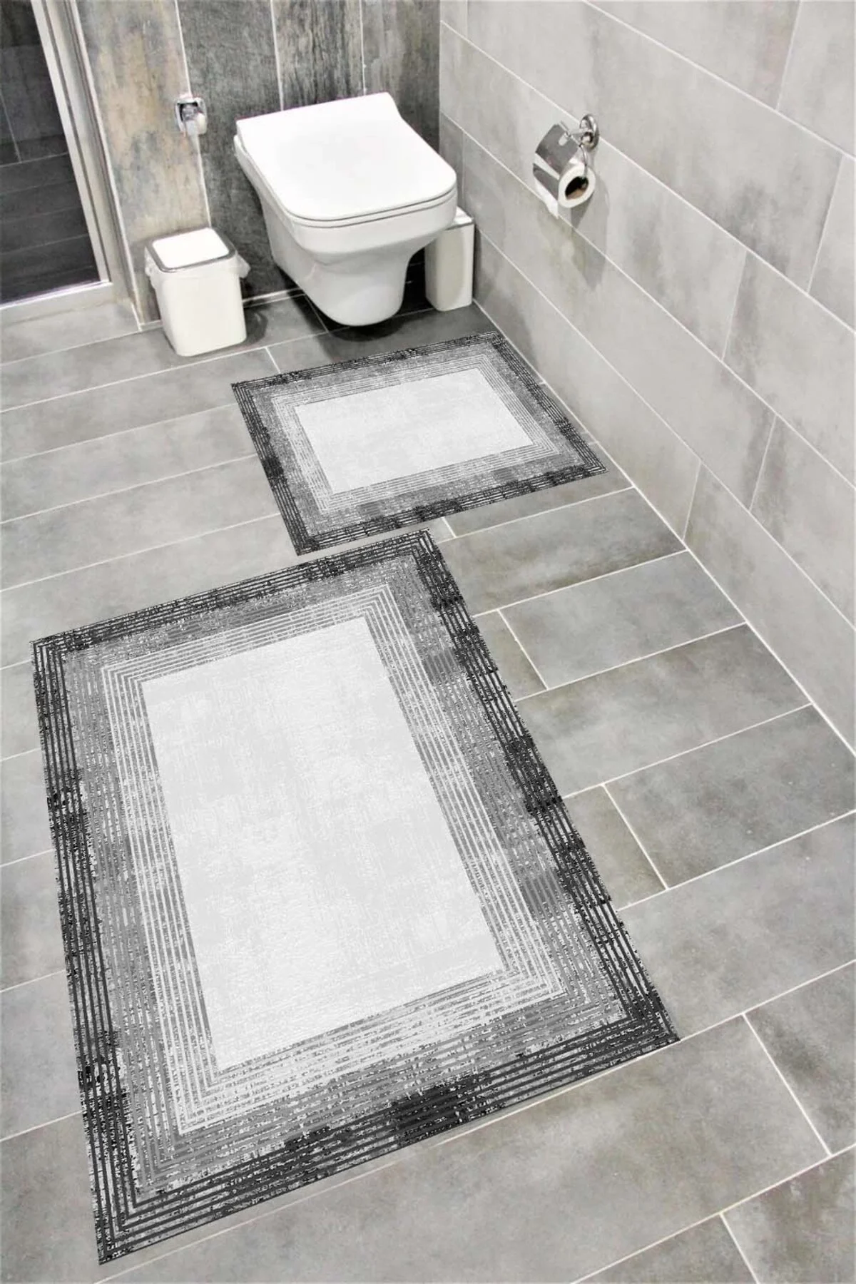 Su Emici Yumuşak Kaymaz Taban Sünger Dolgulu Yıkanabilir Dekoratif Banyo Paspası Takımı 1201GRİ