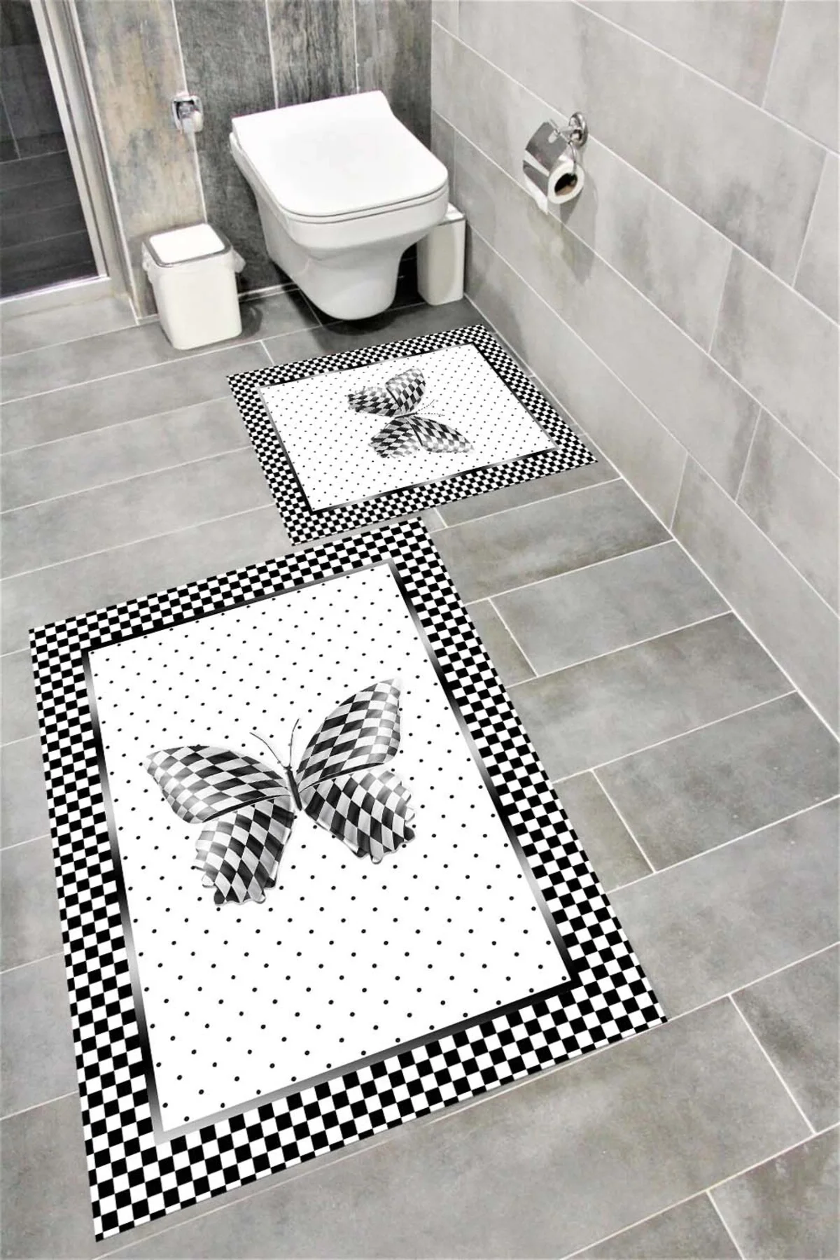 Su Emici Yumuşak Kaymaz Taban Sünger Dolgulu Yıkanabilir Dekoratif Banyo Paspası Takımı 1204KELEBEK