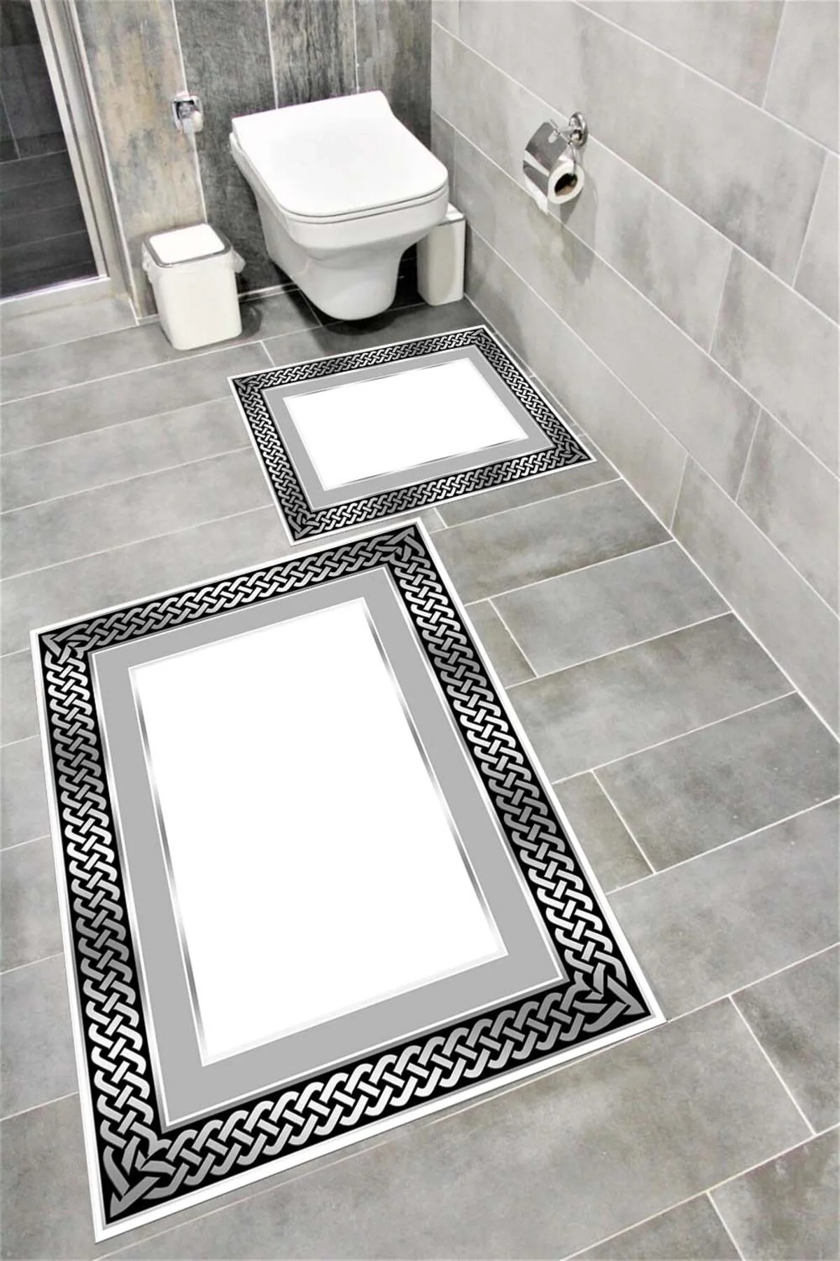 Su Emici Yumuşak Kaymaz Taban Sünger Dolgulu Yıkanabilir Dekoratif Banyo Paspası Takımı 1207GRİ