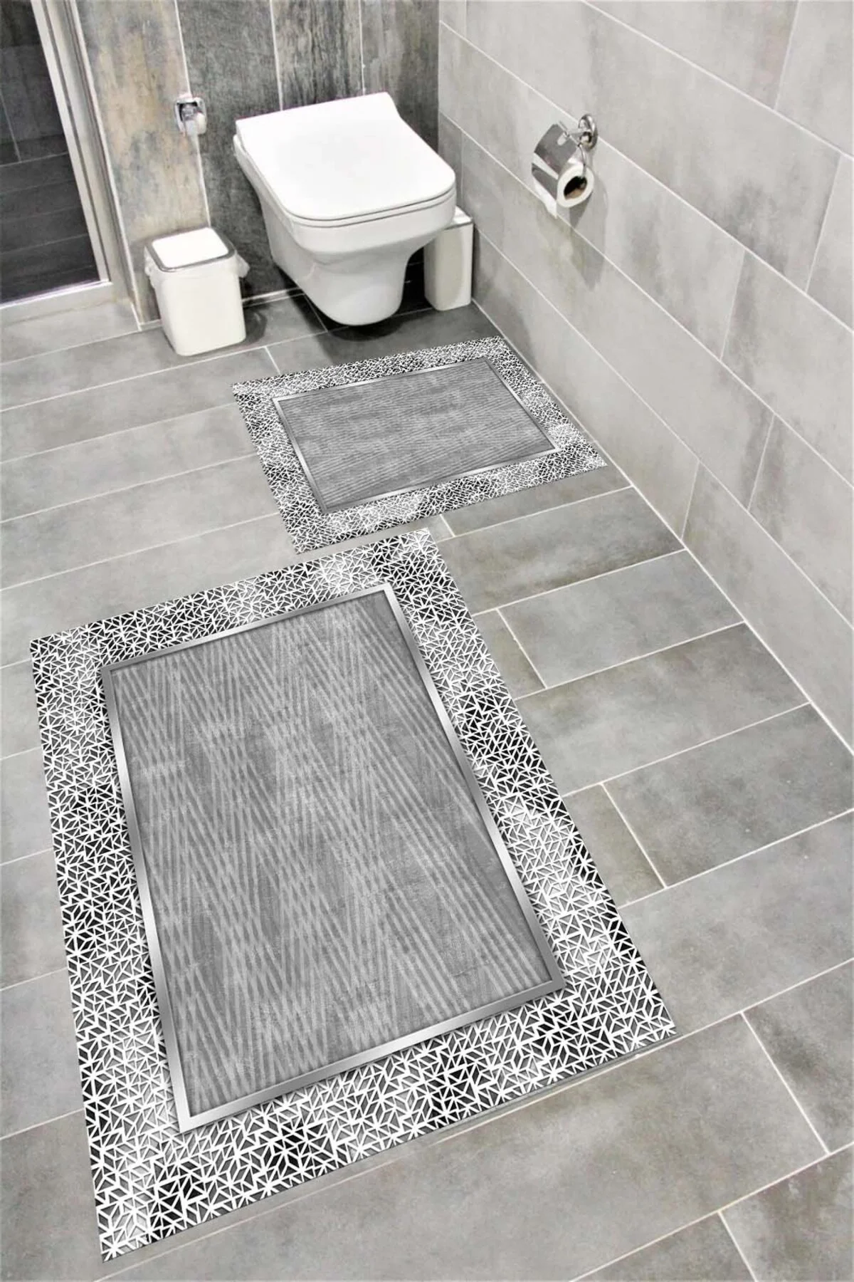 Su Emici Yumuşak Kaymaz Taban Sünger Dolgulu Yıkanabilir Dekoratif Banyo Paspası Takımı 1200GRİ