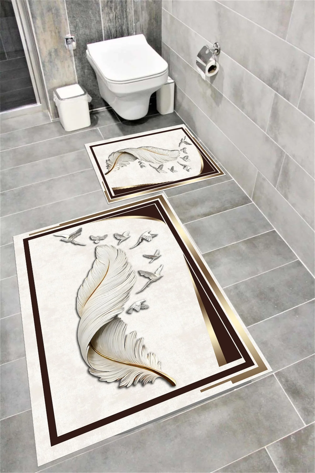 Su Emici Yumuşak Kaymaz Taban Sünger Dolgulu Yıkanabilir Dekoratif Banyo Paspası Takımı NEPTÜN
