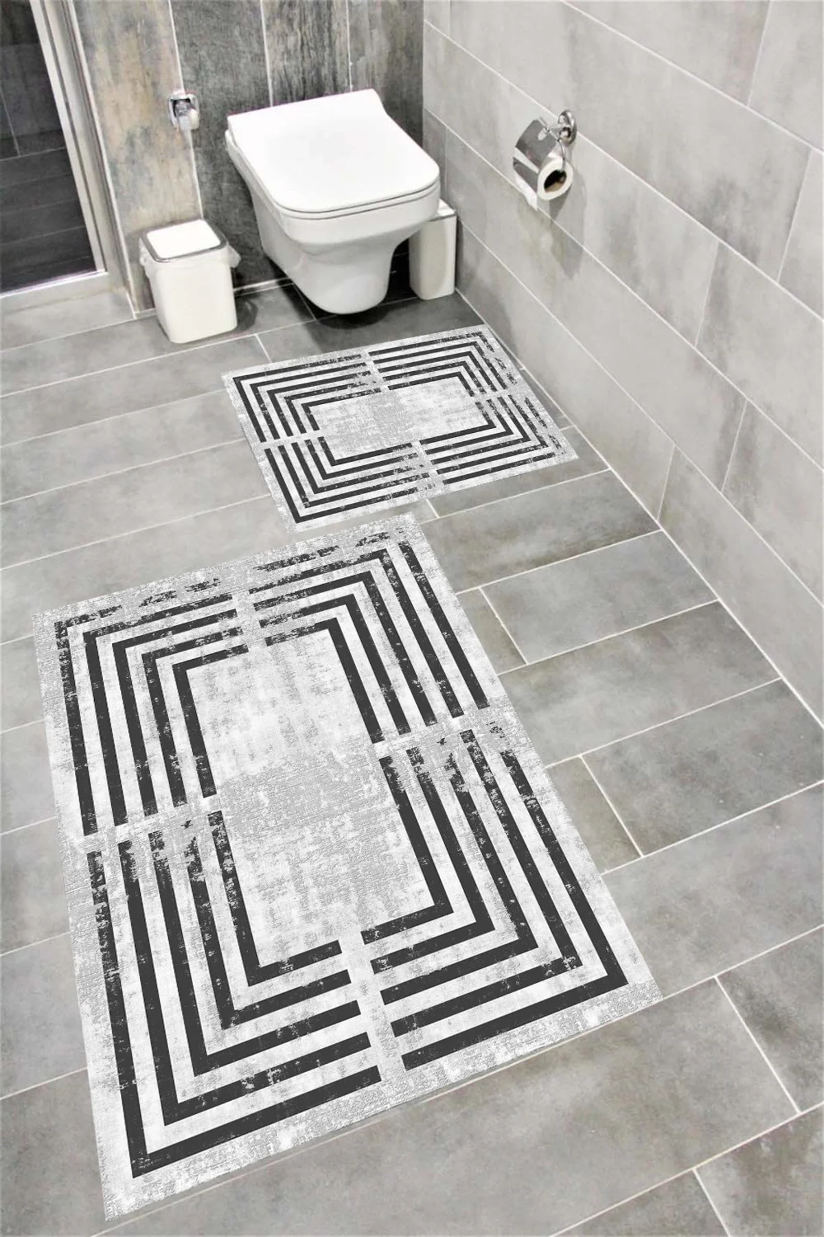 Su Emici Yumuşak Kaymaz Taban Sünger Dolgulu Yıkanabilir Dekoratif Banyo Paspası Takımı SQUARE