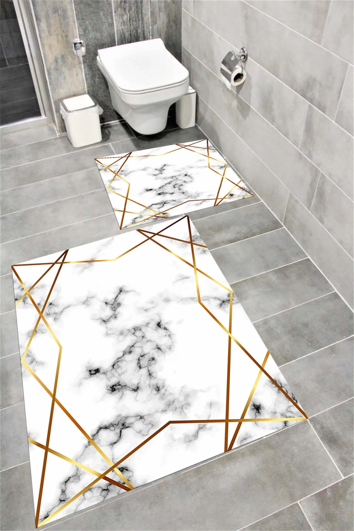 Su Emici Yumuşak Kaymaz Taban Sünger Dolgulu Yıkanabilir Dekoratif Banyo Paspası Takımı PLATİNGOLD