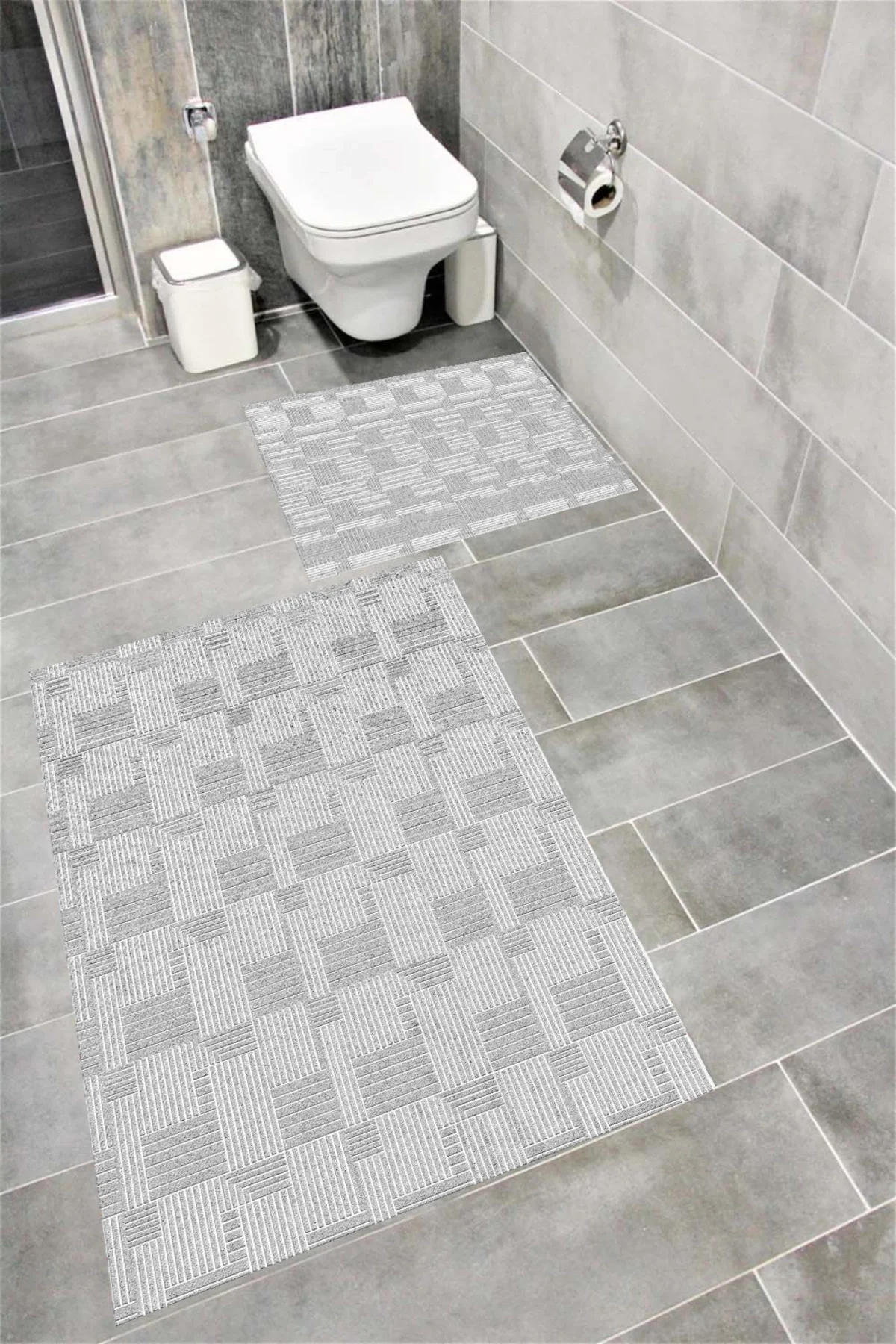 Su Emici Yumuşak Kaymaz Taban Sünger Dolgulu Yıkanabilir Dekoratif Banyo Paspası Takımı 1363GRİ