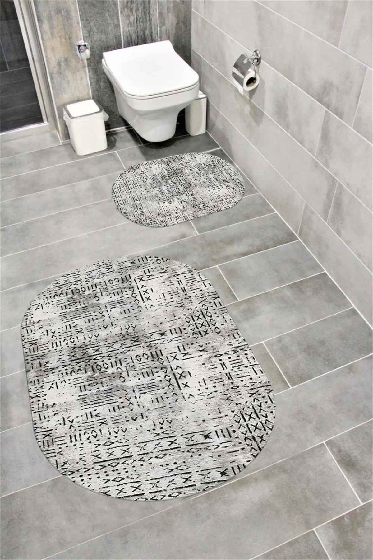 Su Emici Yumuşak Kaymaz Sünger Dolgulu Yıkanabilir Dekoratif Banyo Paspası Takımı 1111AÇIKGRİ OVAL