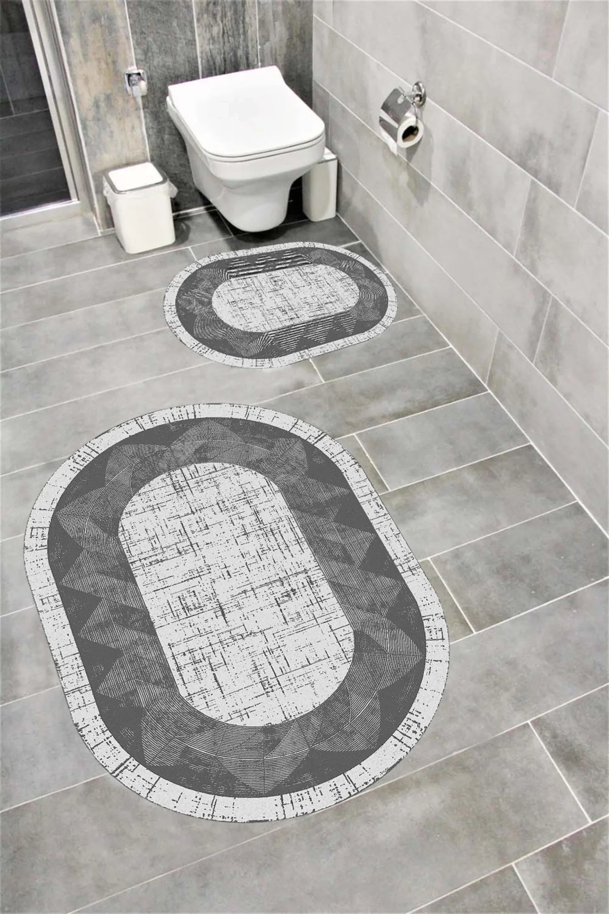 Su Emici Yumuşak Kaymaz Sünger Dolgulu Yıkanabilir Dekoratif Banyo Paspası Takımı 1250ANTRASİTOVAL