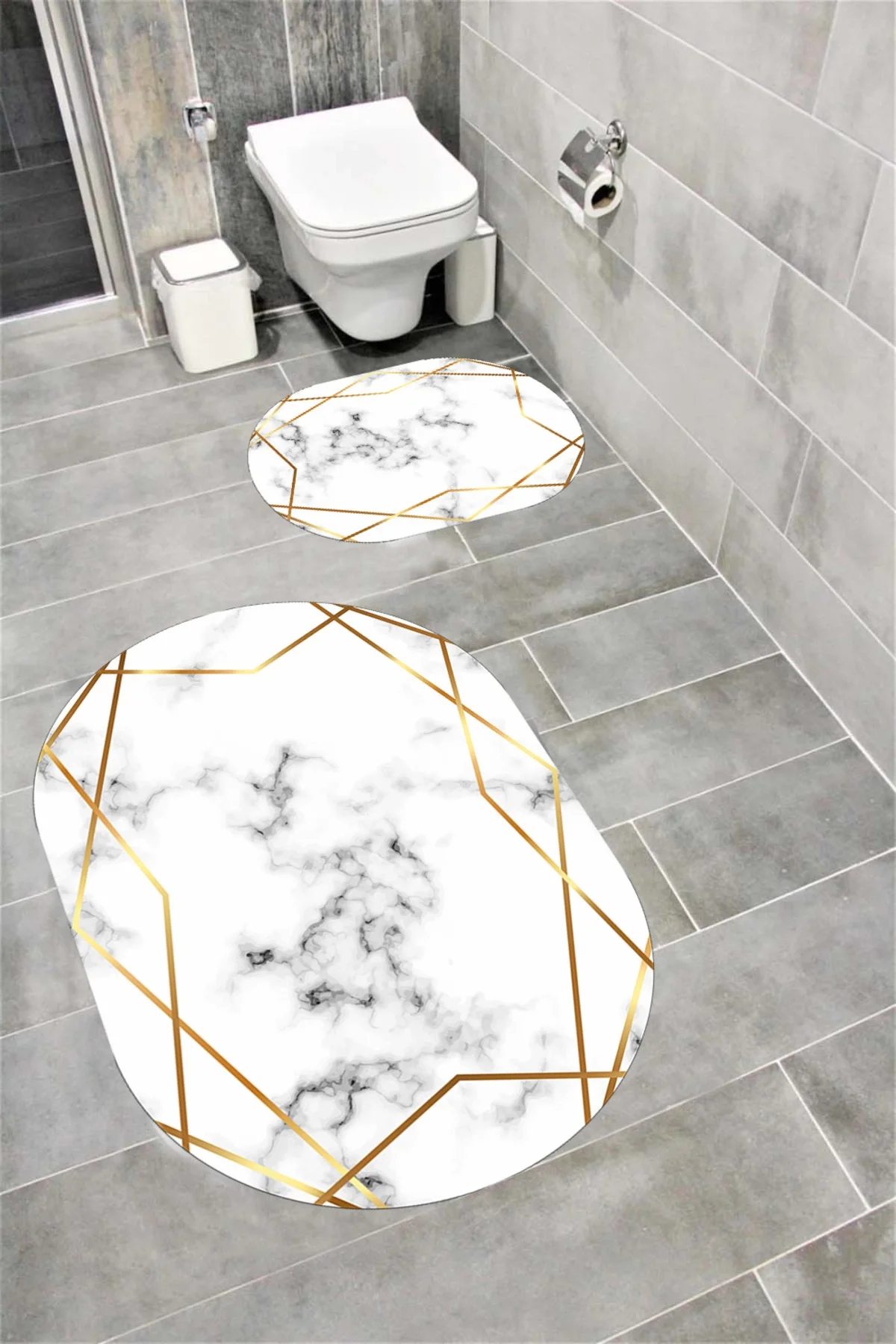 Su Emici Yumuşak Kaymaz Sünger Dolgulu Yıkanabilir Dekoratif Banyo Paspası Takımı PLATİNGOLDOVAL