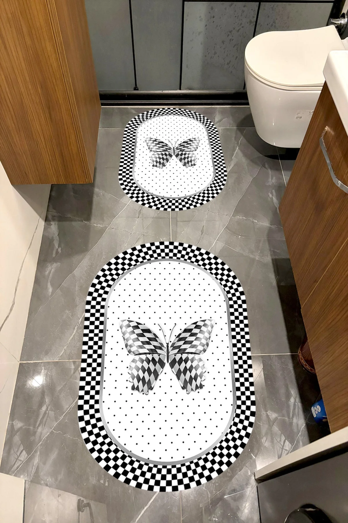 Su Emici Yumuşak Kaymaz Sünger Dolgulu Yıkanabilir Dekoratif Banyo Paspası Takımı 1204KELEBEKOVAL