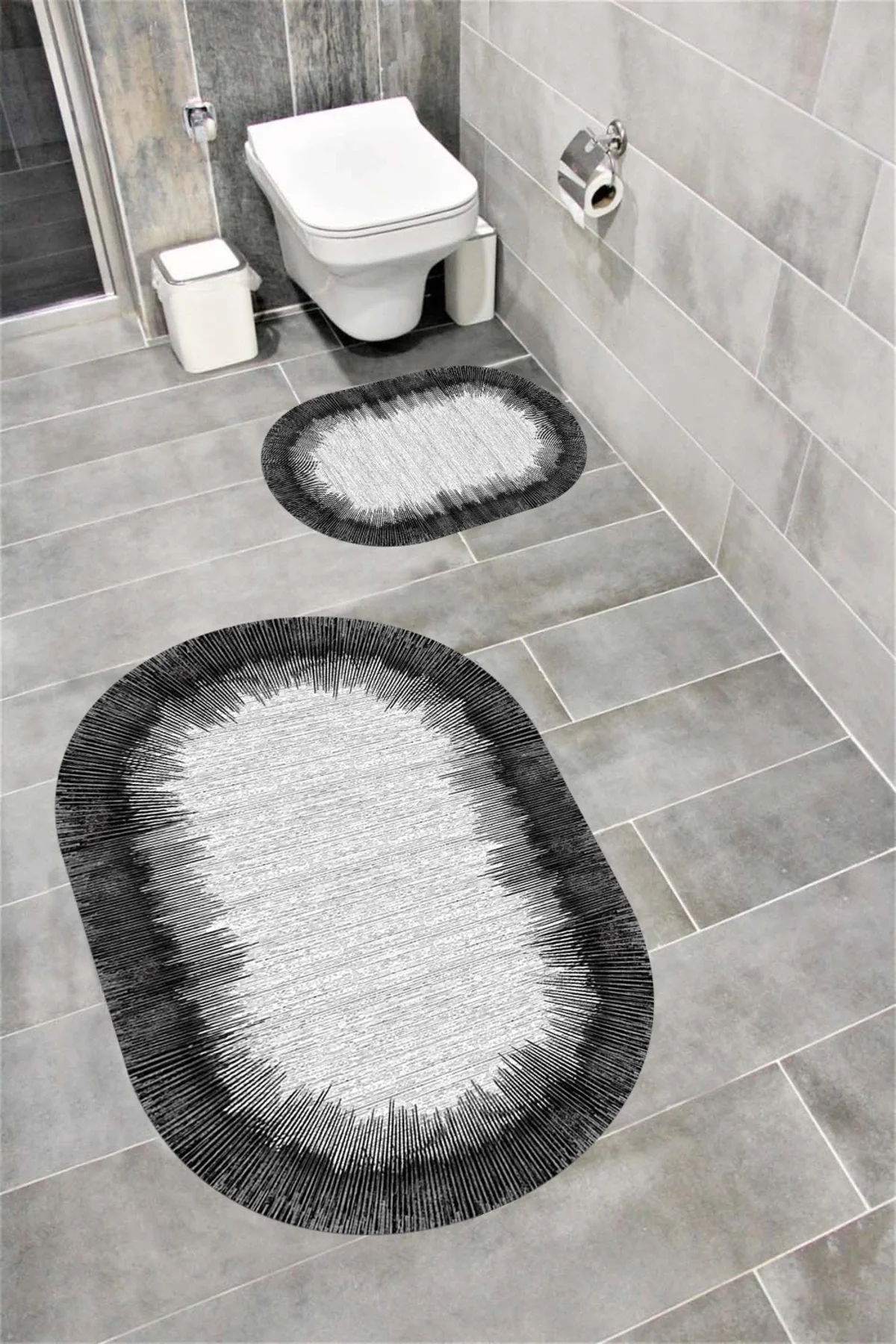 Su Emici Yumuşak Kaymaz Taban Sünger Dolgulu Yıkanabilir Dekoratif Banyo Paspası Takımı 1165GRİOVAL