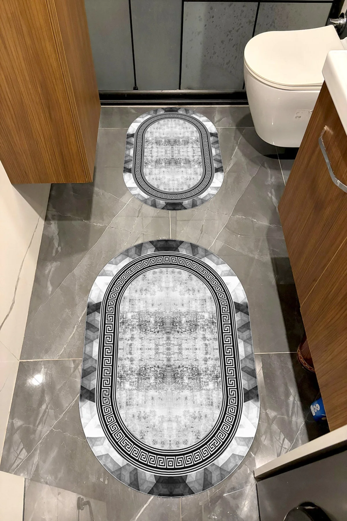 Su Emici Yumuşak Kaymaz Sünger Dolgulu Yıkanabilir Dekoratif Banyo Paspası Takımı 1069ALPEMİXGRİ OVL