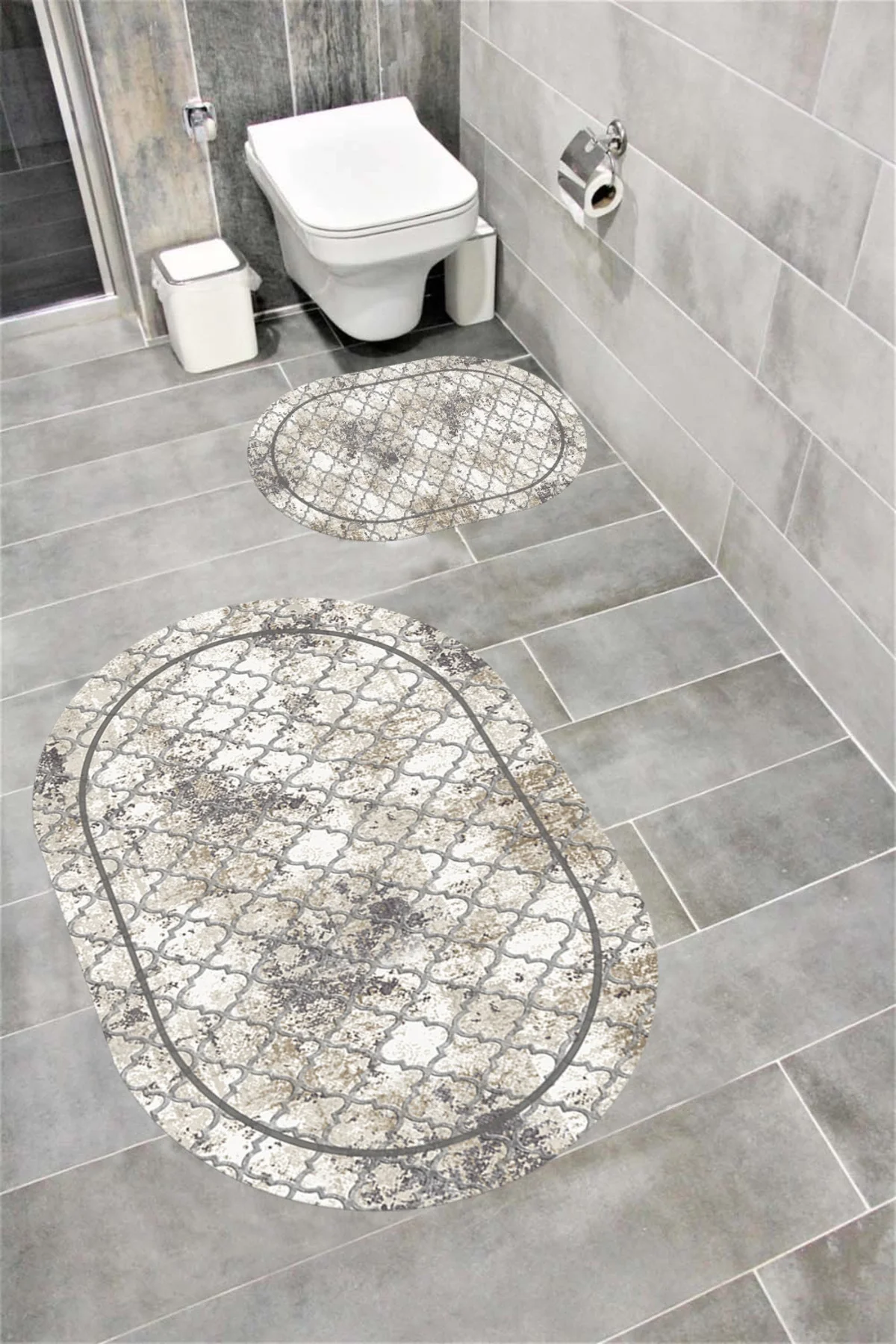 Su Emici Yumuşak Kaymaz Taban Sünger Dolgulu Yıkanabilir Dekoratif Banyo Paspası Takımı 1064 OVAL