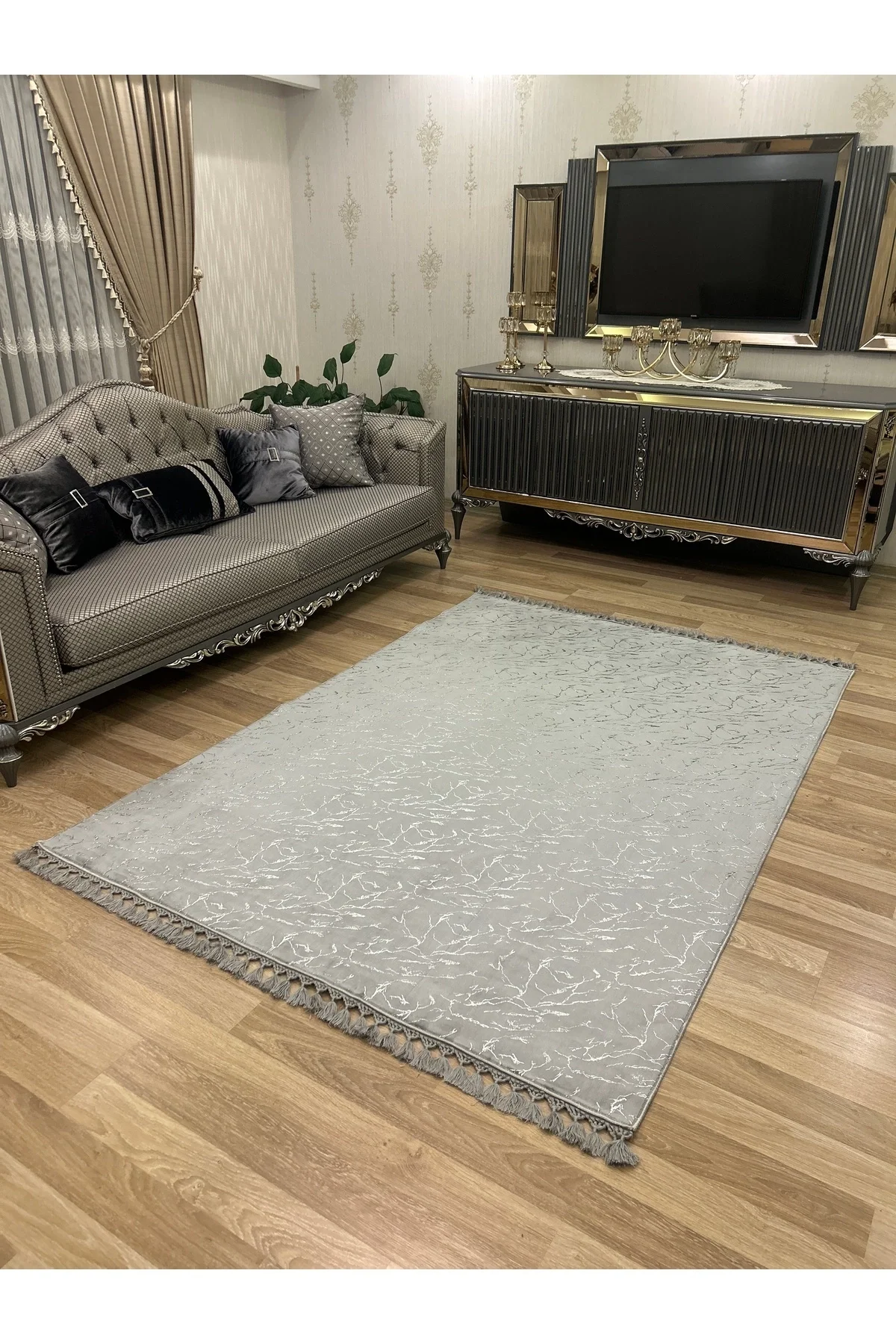 Bambu Yıkanabilir Kaymaz Oturma Odası Salon Mutfak Çocuk Odası Halısı Açık Gri Gümüş Simli Bambu