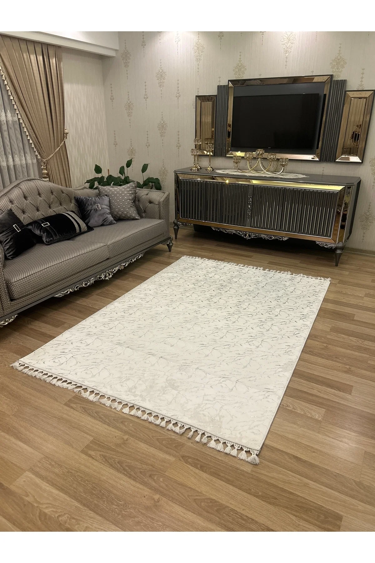Bambu Yıkanabilir Kaymaz Oturma Odası Salon Mutfak Çocuk Odası Halısı Beyaz Gümüş Simli Bambu