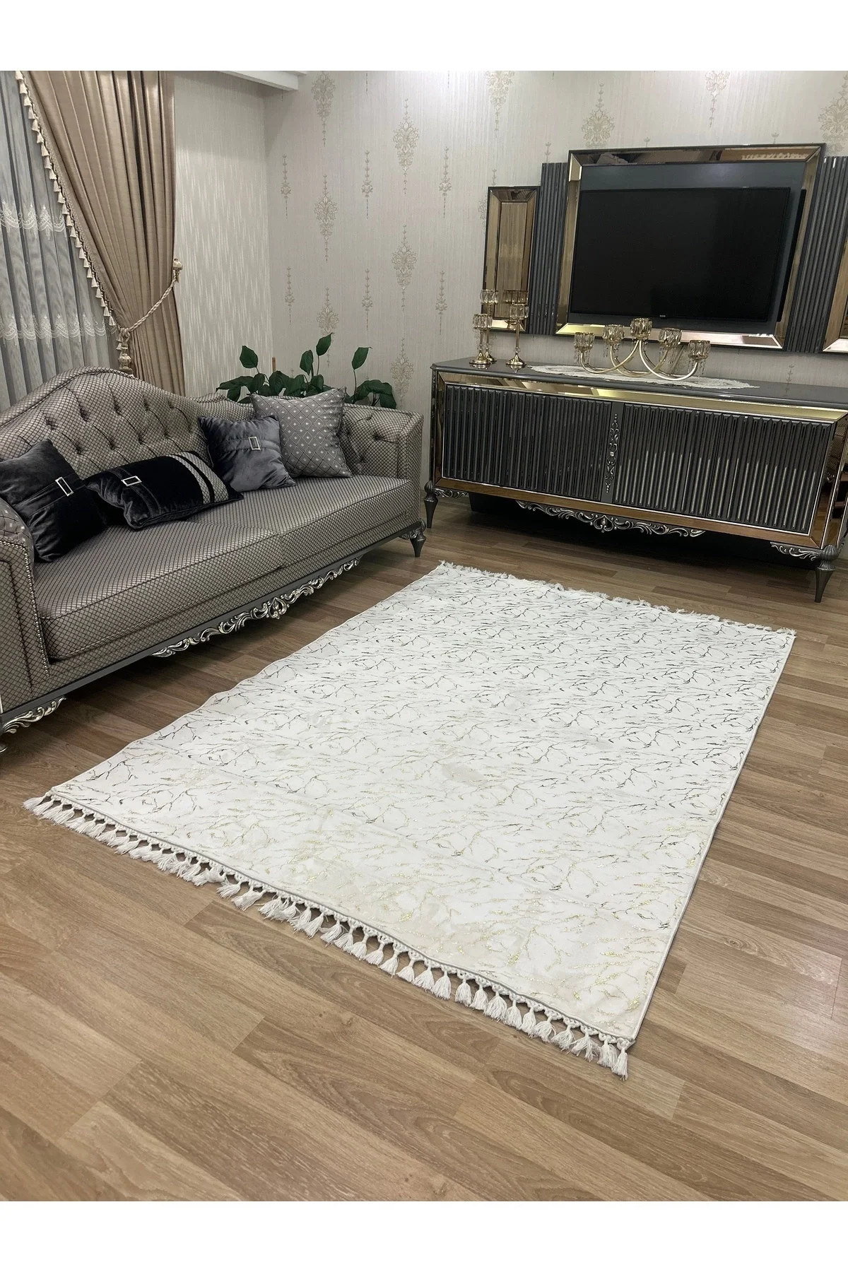 Bambu Yıkanabilir Kaymaz Oturma Odası Salon Mutfak Çocuk Odası Halısı Beyaz Gold Simli Bambu