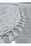 Simli Bambu Kaymaz Deri Taban 2li Set Klozet Beyaz Gümüş Ponpon Banyo Paspas Takımı