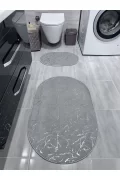 Simli Bambu Kaymaz Deri Taban 2li Set Klozet Gri Gümüş Banyo Paspas Takımı