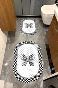 Su Emici Yumuşak Kaymaz Sünger Dolgulu Yıkanabilir Dekoratif Banyo Paspası Takımı 1204KELEBEKOVAL