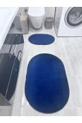 Peluş Puffy Bambu Kaymaz Deri Taban 2li Set Klozet Lacivert Banyo Paspas Takımı