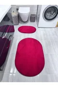 Peluş Puffy Bambu Kaymaz Deri Taban 2li Set Klozet Kırmızı Banyo Paspas Takımı