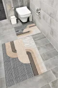 Kaymaz Tabanlı Suya Dayanıklı Dijital Baskılı Banyo Paspası Takımı | Bordo Halı 1510