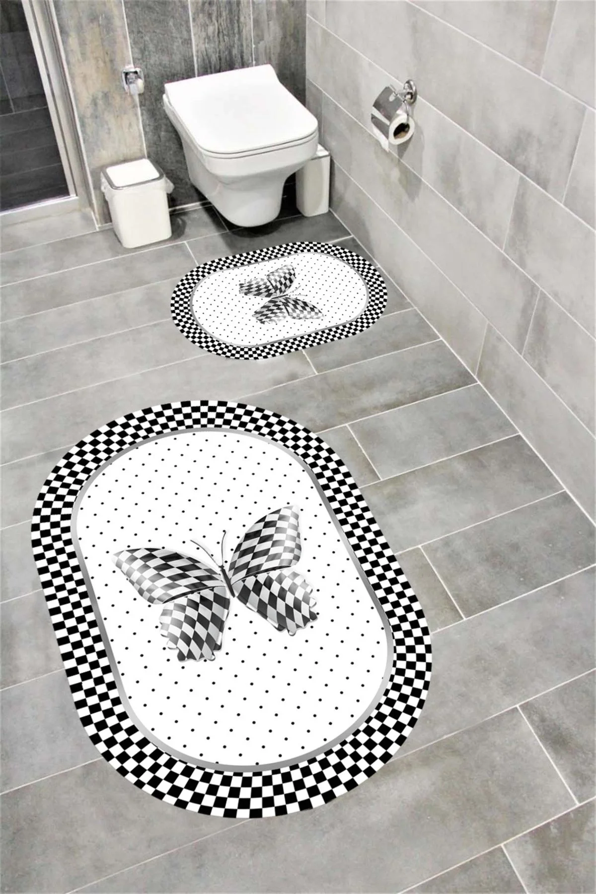 Su Emici Yumuşak Kaymaz Taban Sünger Dolgulu Yıkanabilir Dekoratif Banyo Paspası 1204KELEBEKOVAL