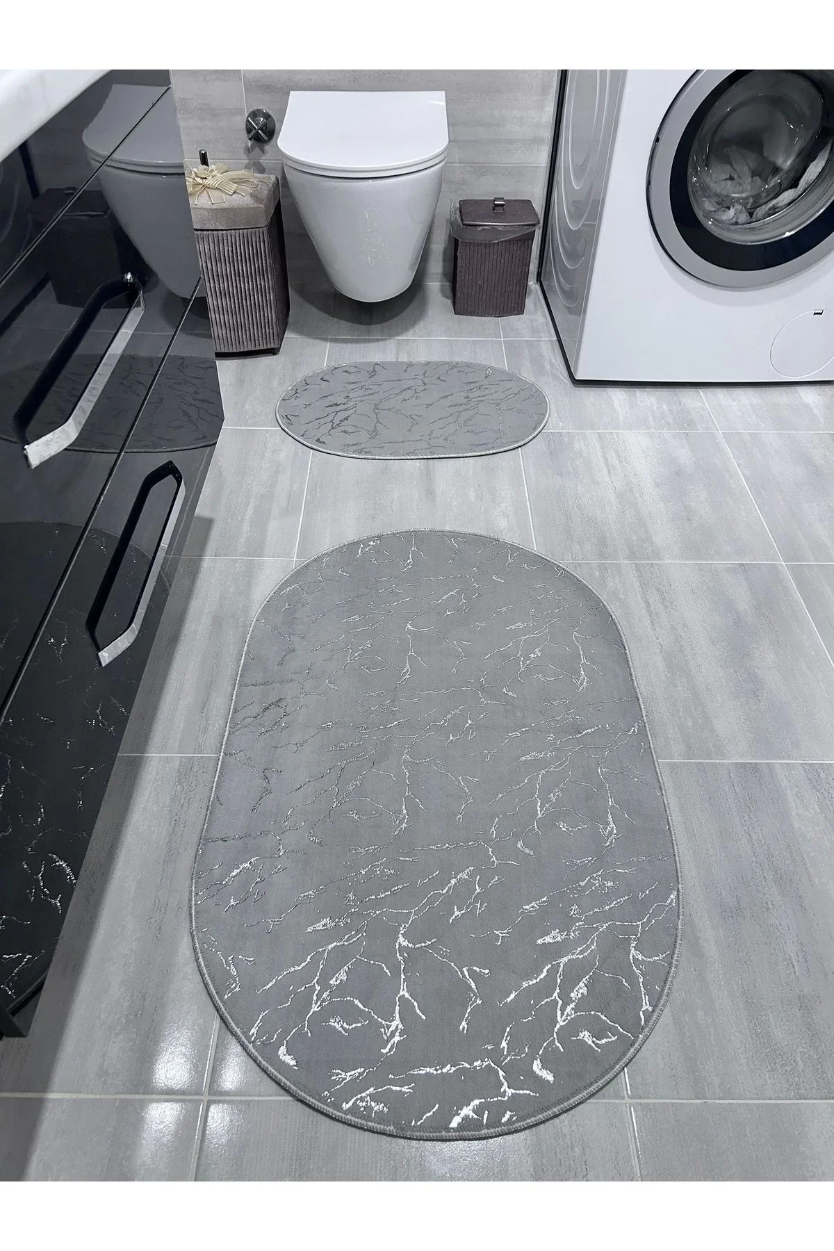 Simli Bambu Kaymaz Deri Taban 2li Set Klozet Gri Gümüş Banyo Paspas Takımı