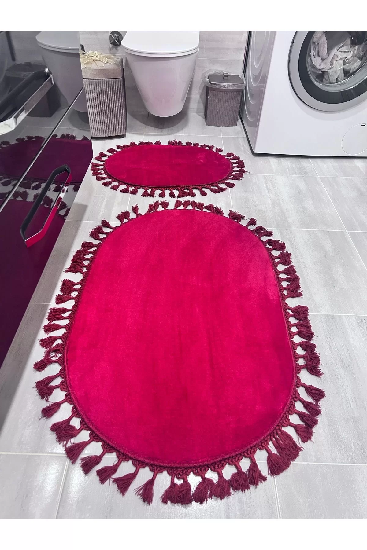 Peluş Puffy Bambu Kaymaz Deri Taban 2li Set Klozet Kırmızı Ponpon Banyo Paspas Takımı