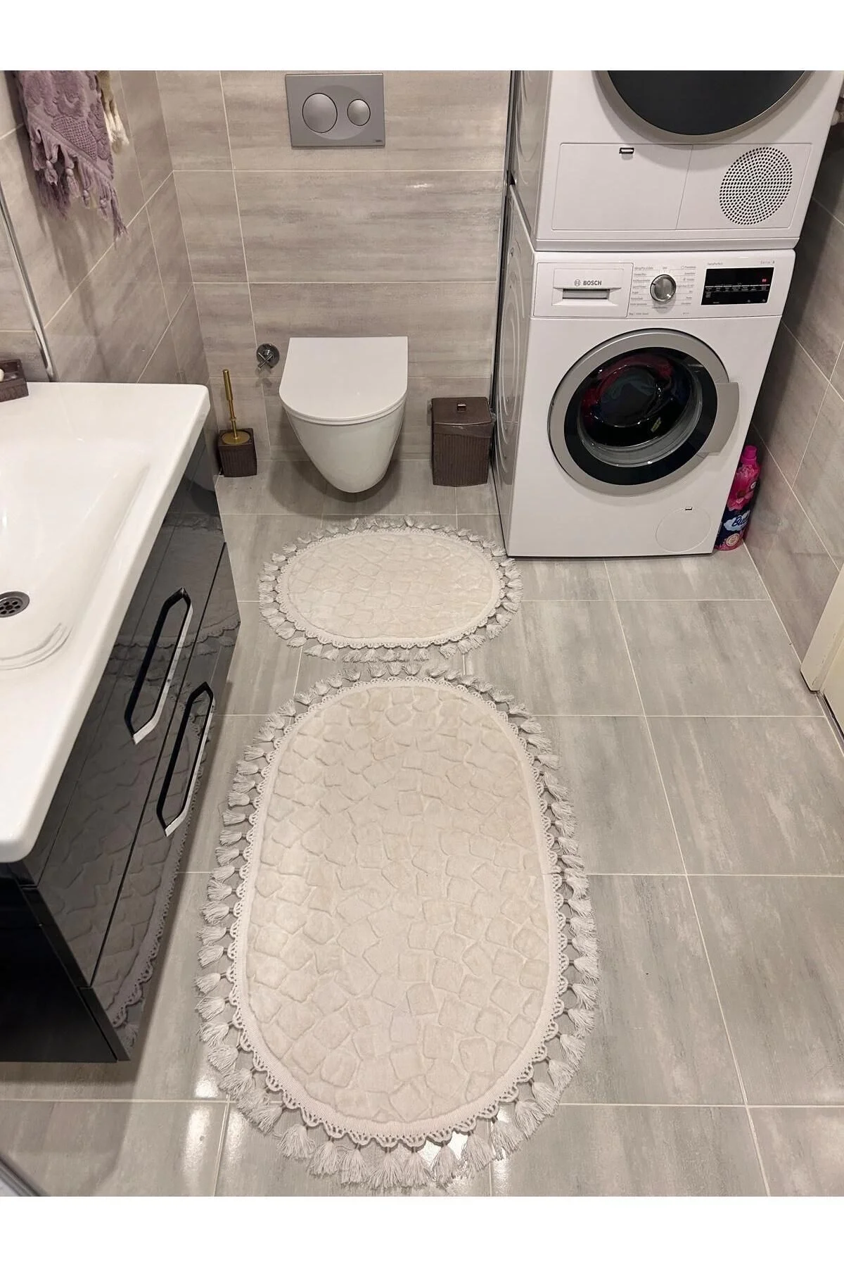 2Lİ İKİLİ BANYO PASPAS SETİ ILICA PUFFY DOKUMA TABAN BANYO PASPASI 40X60-60X100 BEYAZ
