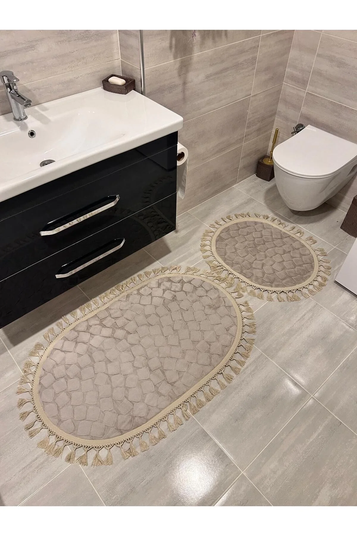 2Lİ İKİLİ BANYO PASPAS SETİ ILICA PUFFY DOKUMA TABAN BANYO PASPASI 40X60-60X100 KREM