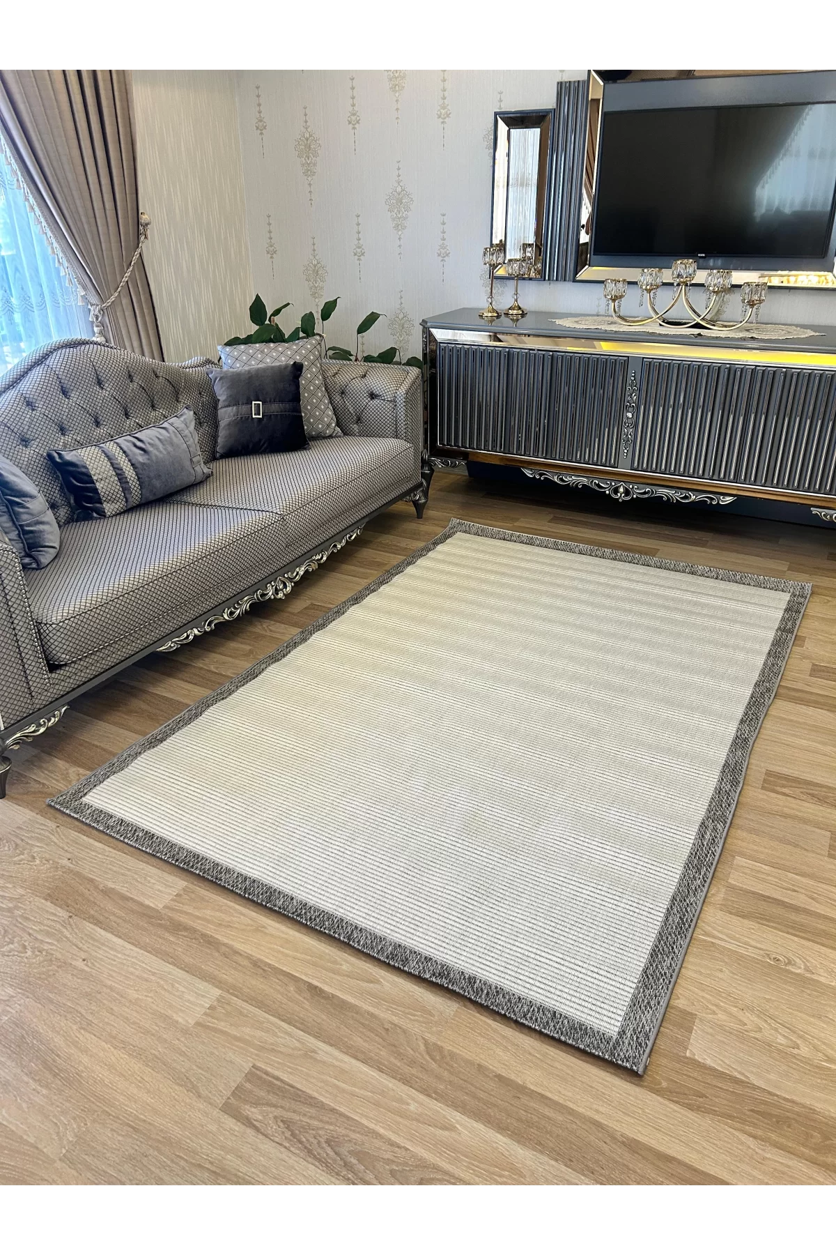 Sisal Düz Çizgili Halı – Modern Çerçeve Desenli, Kaymaz Taban, 4 Renk Seçeneği
