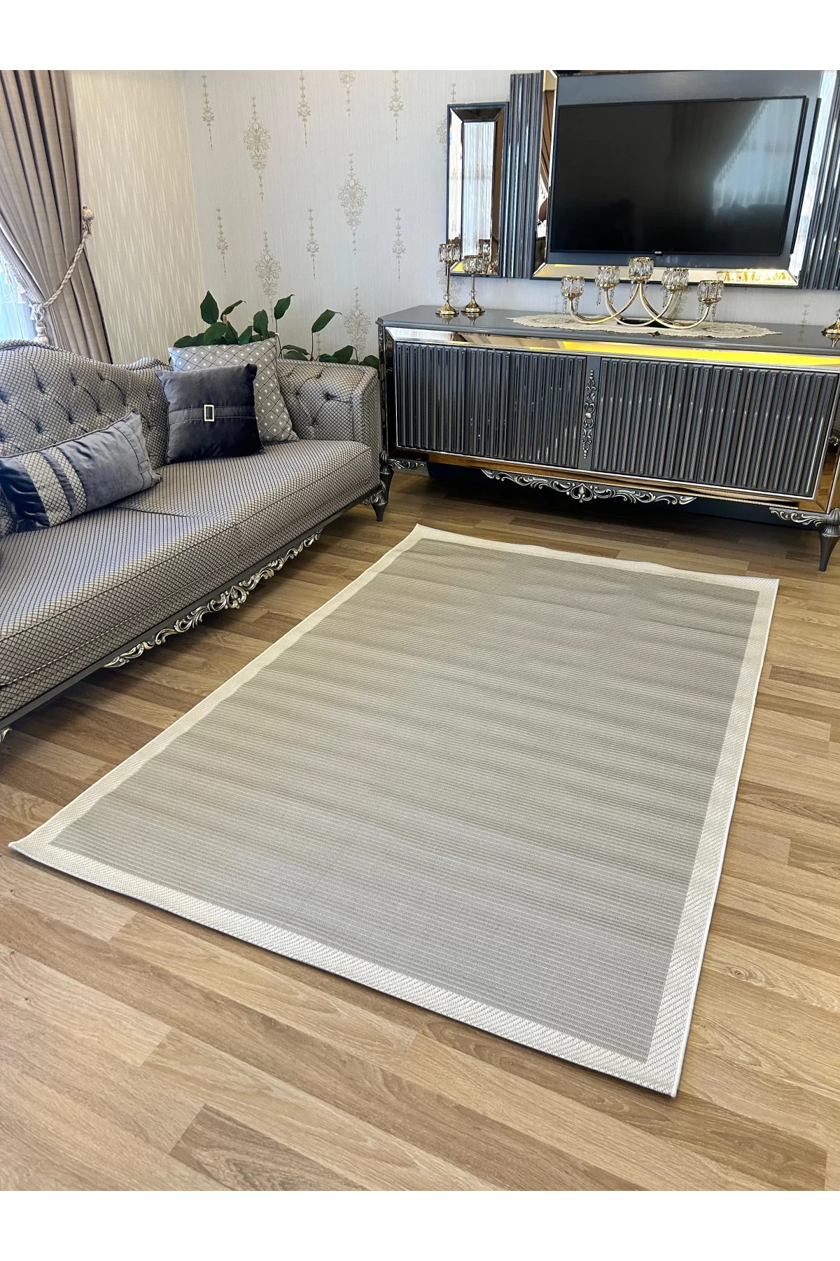 Sisal Düz Çizgili Halı – Modern Çerçeve Desenli, Kaymaz Taban, 4 Renk Seçeneği