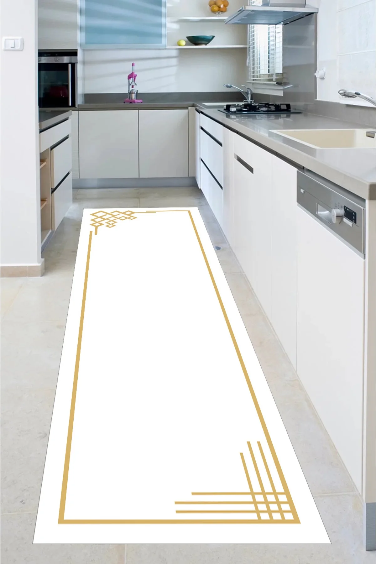 BEYAZ GOLD Yıkanabilir Kaymaz Taban Halı Salon Dekor Yolluk Koridor Mutfak Halısı Riple