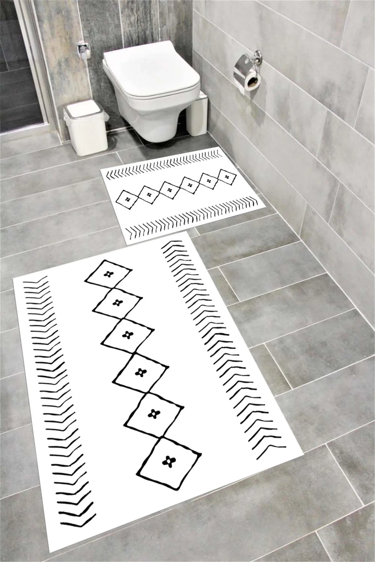 Su Emici Yumuşak Kaymaz Taban Sünger Dolgulu Yıkanabilir Dekoratif Banyo Paspası Takımı İSKANDİNAV