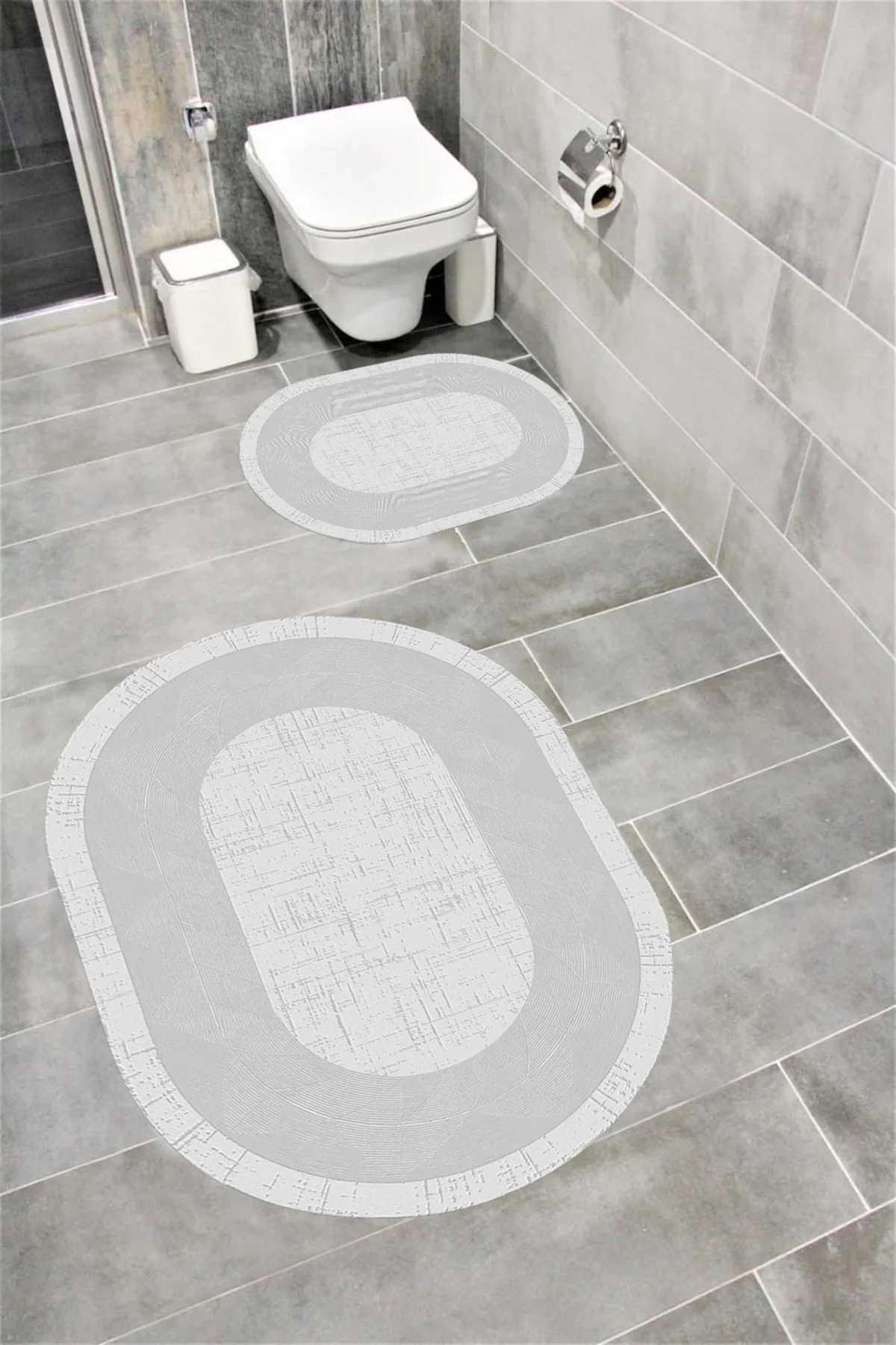 Su Emici Yumuşak Kaymaz Taban Sünger Dolgulu Yıkanabilir Dekoratif Banyo Paspası Takımı 1250GRİOVAL