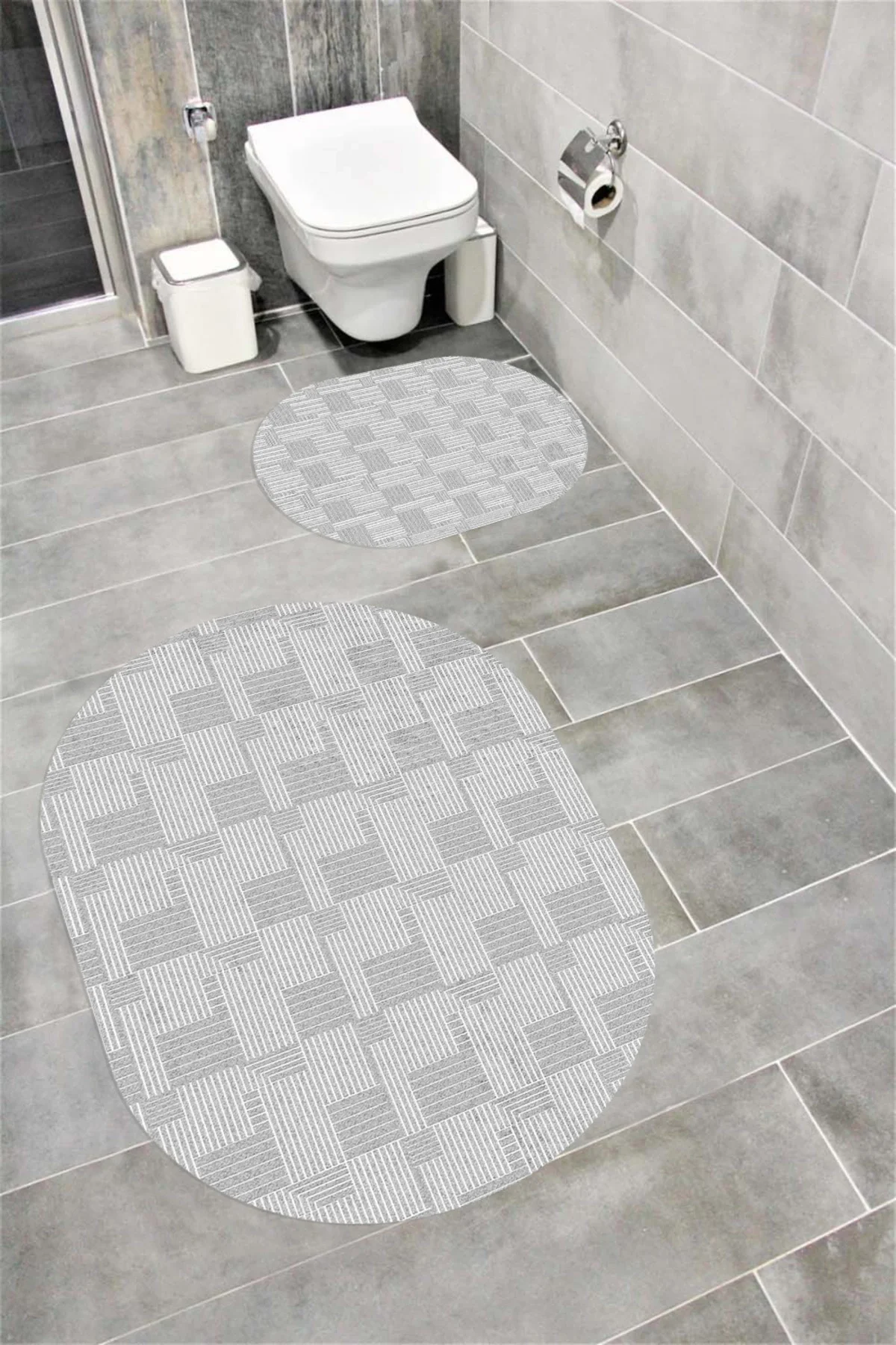 Su Emici Yumuşak Kaymaz Taban Sünger Dolgulu Yıkanabilir Dekoratif Banyo Paspası Takımı 1363GRİOVAL