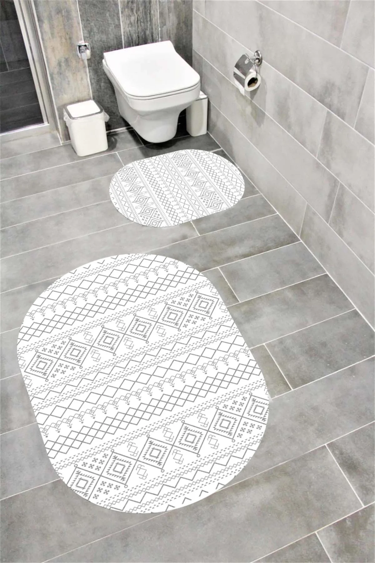 Su Emici Yumuşak Kaymaz Taban Sünger Dolgulu Yıkanabilir Dekoratif Banyo Paspası Takımı 1176GRİOVAL