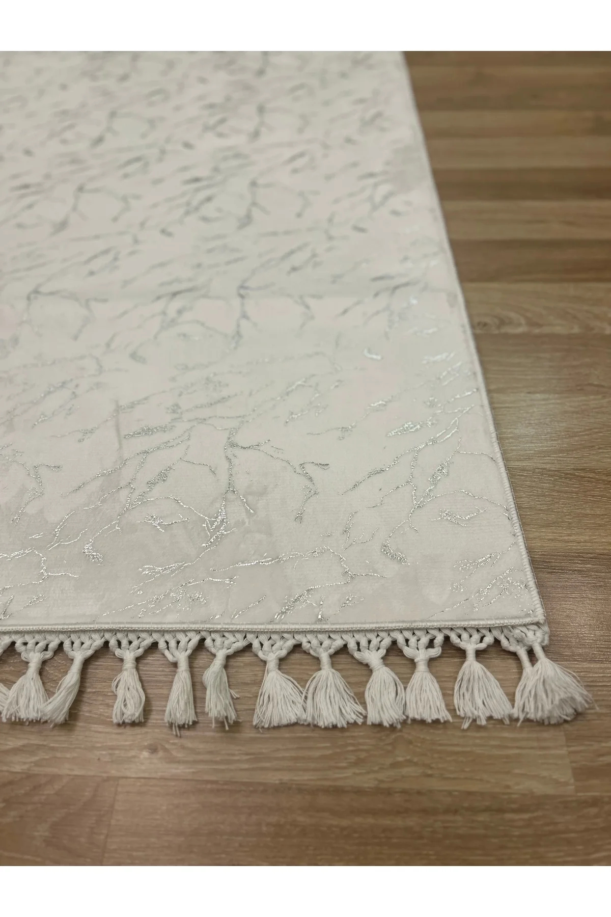 Bambu Yıkanabilir Kaymaz Oturma Odası Salon Mutfak Çocuk Odası Halısı Beyaz Gümüş Simli Bambu