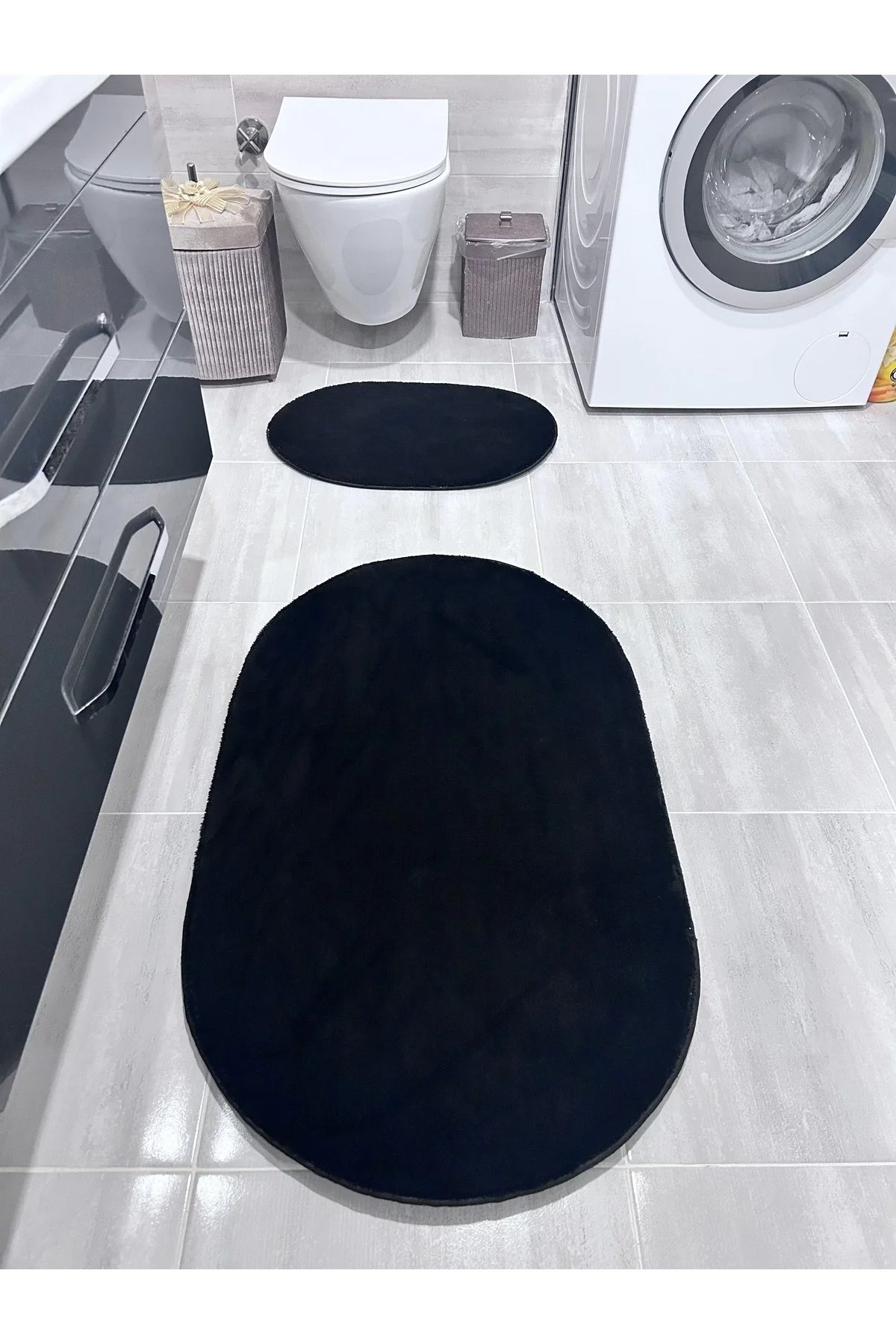 Peluş Puffy Bambu Kaymaz Deri Taban 2li Set Klozet Siyah Banyo Paspas Takımı