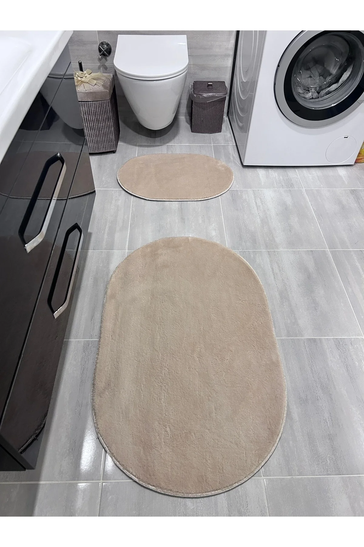 Peluş Puffy Bambu Kaymaz Deri Taban 2li Set Klozet Krem Banyo Paspas Takımı