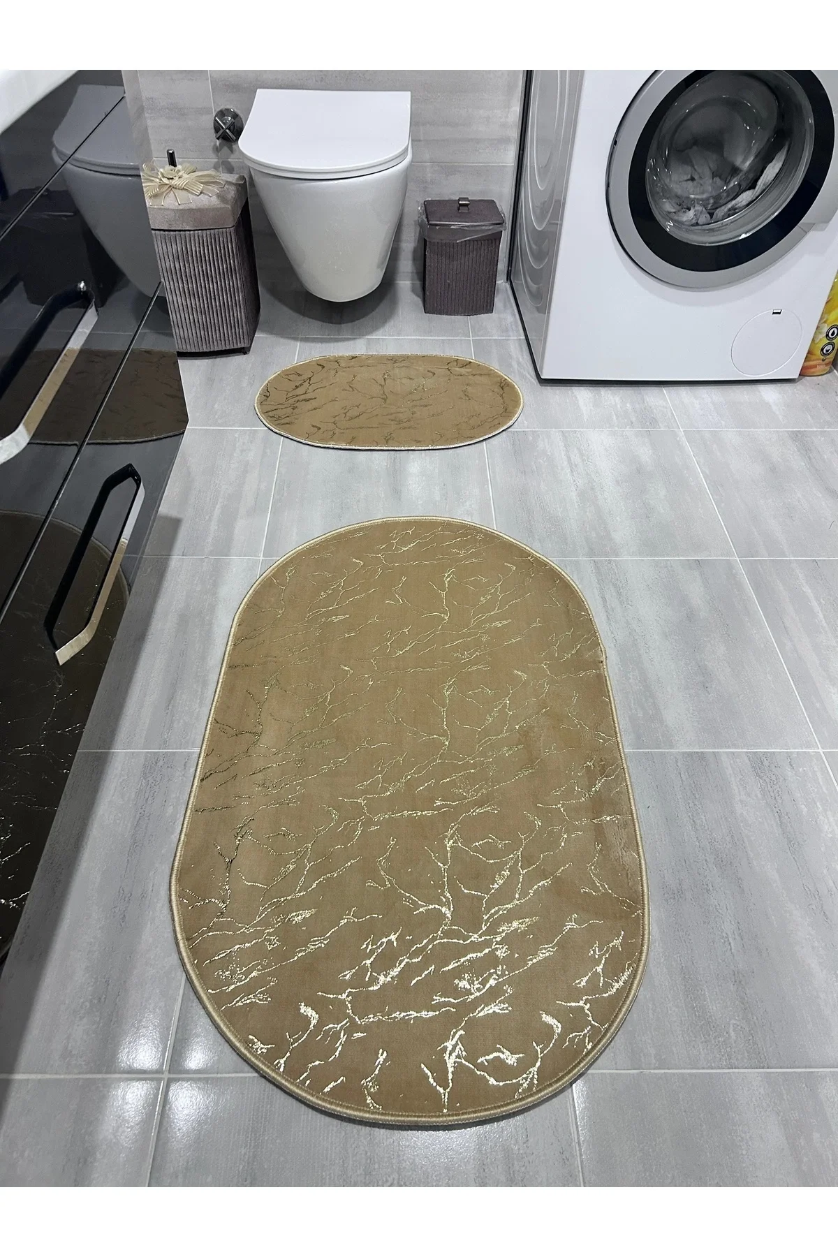 Simli Bambu Kaymaz Deri Taban 2li Set Klozet Cappicino Gold Banyo Paspas Takımı