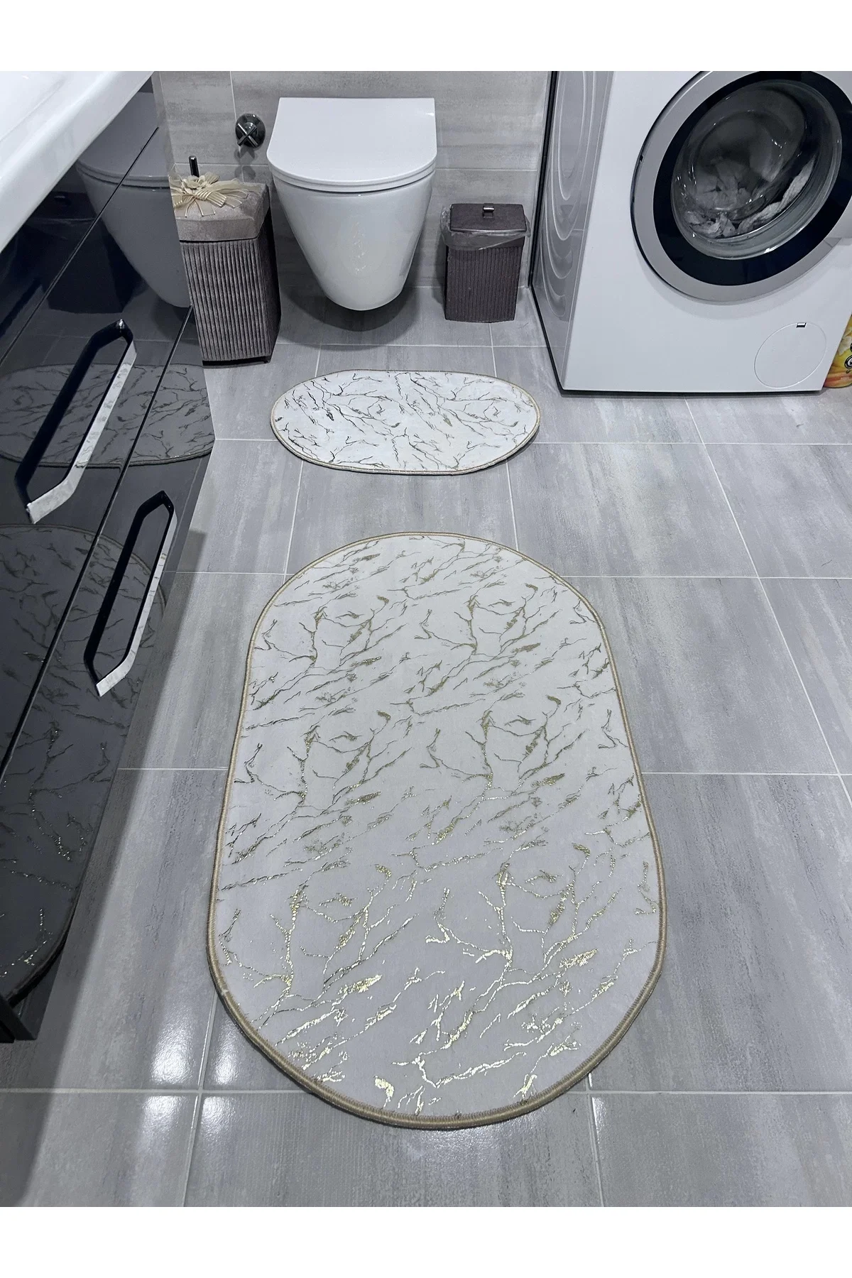 Simli Bambu Kaymaz Deri Taban 2li Set Klozet Beyaz Gold Banyo Paspas Takımı