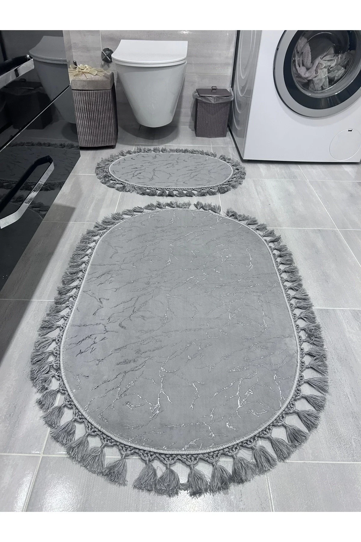 Simli Bambu Kaymaz Deri Taban 2li Set Klozet Gri Gümüş Banyo Paspas Takımı