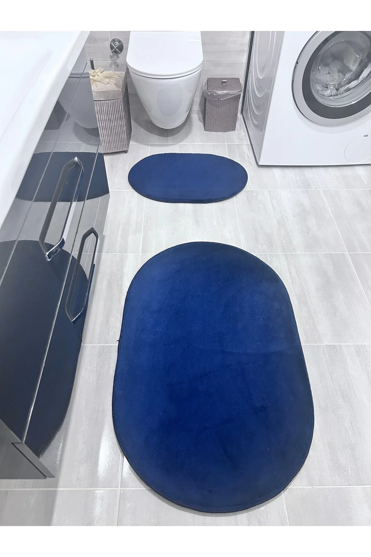 Peluş Puffy Bambu Kaymaz Deri Taban 2li Set Klozet Lacivert Banyo Paspas Takımı