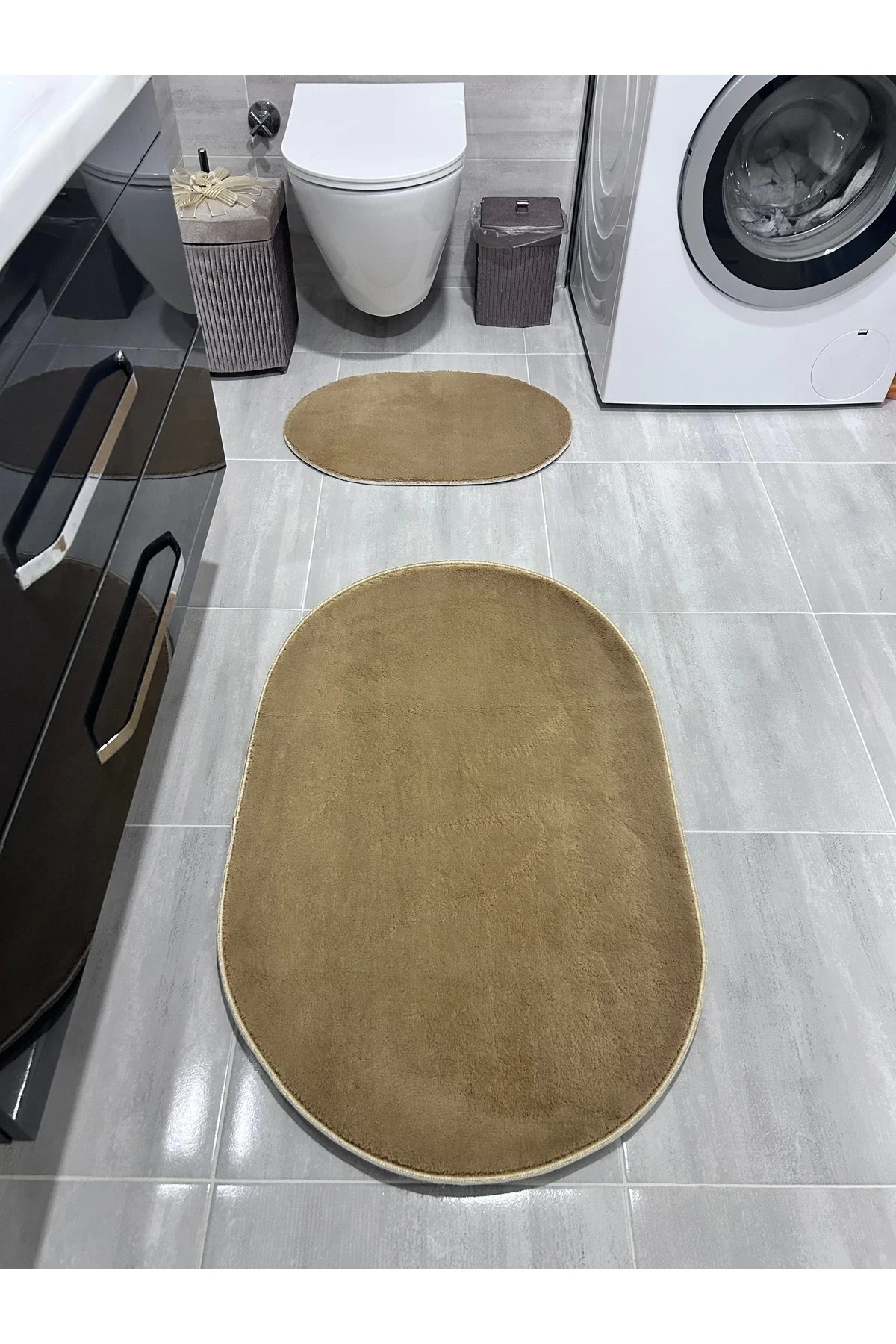 Peluş Puffy Bambu Kaymaz Deri Taban 2li Set Klozet Cappicino Banyo Paspas Takımı