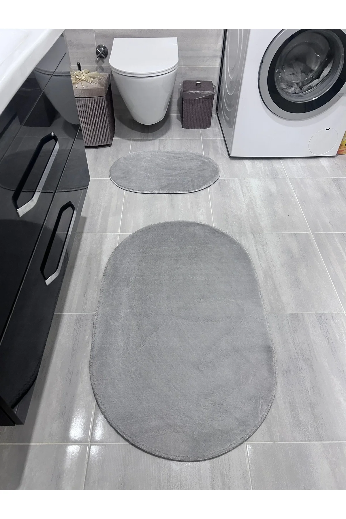 Peluş Puffy Bambu Kaymaz Deri Taban 2li Set Klozet Gri Banyo Paspas Takımı