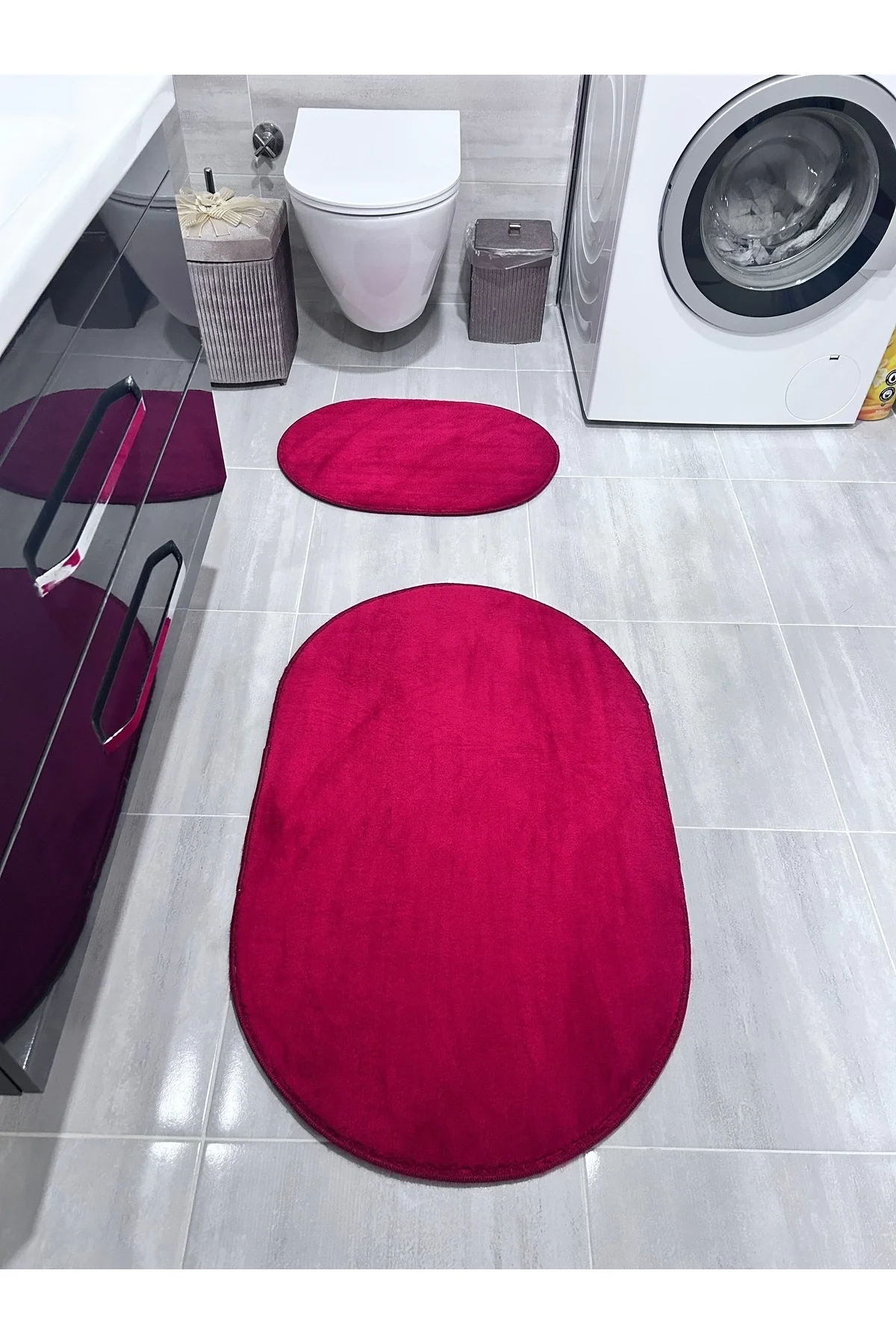 Peluş Puffy Bambu Kaymaz Deri Taban 2li Set Klozet Kırmızı Banyo Paspas Takımı